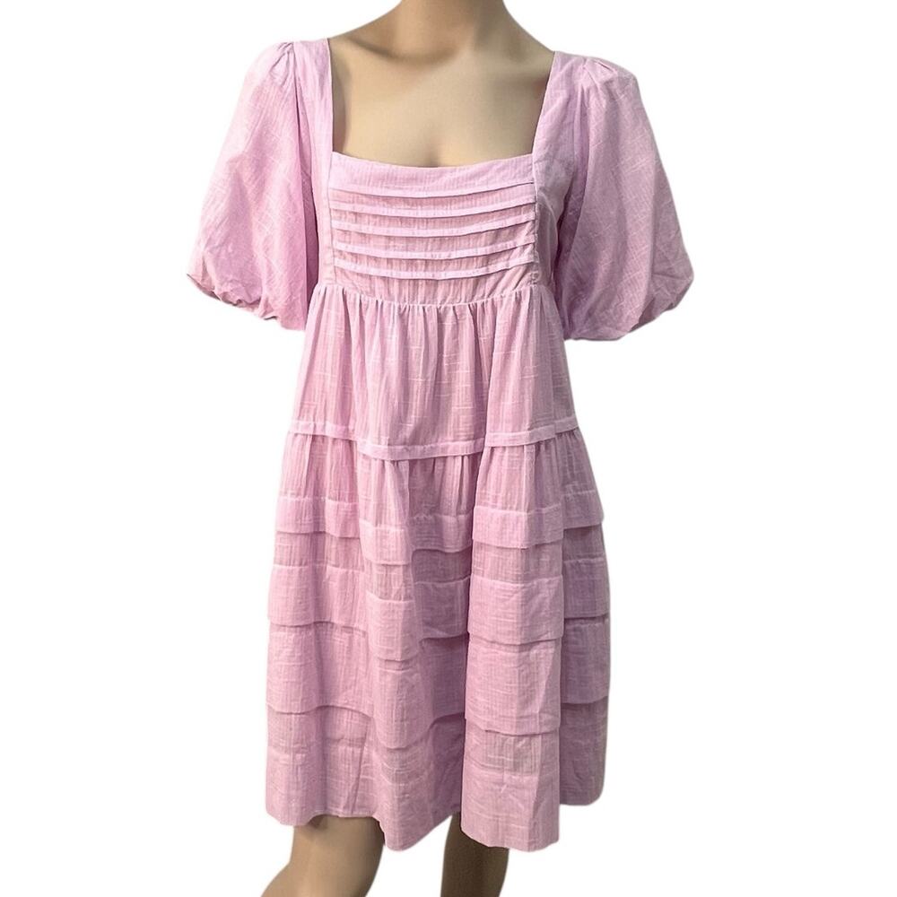 Easel‎ Pink Babydoll Puff Sleeve Pleated Tiered Dress NWT Small Cottage Fairy